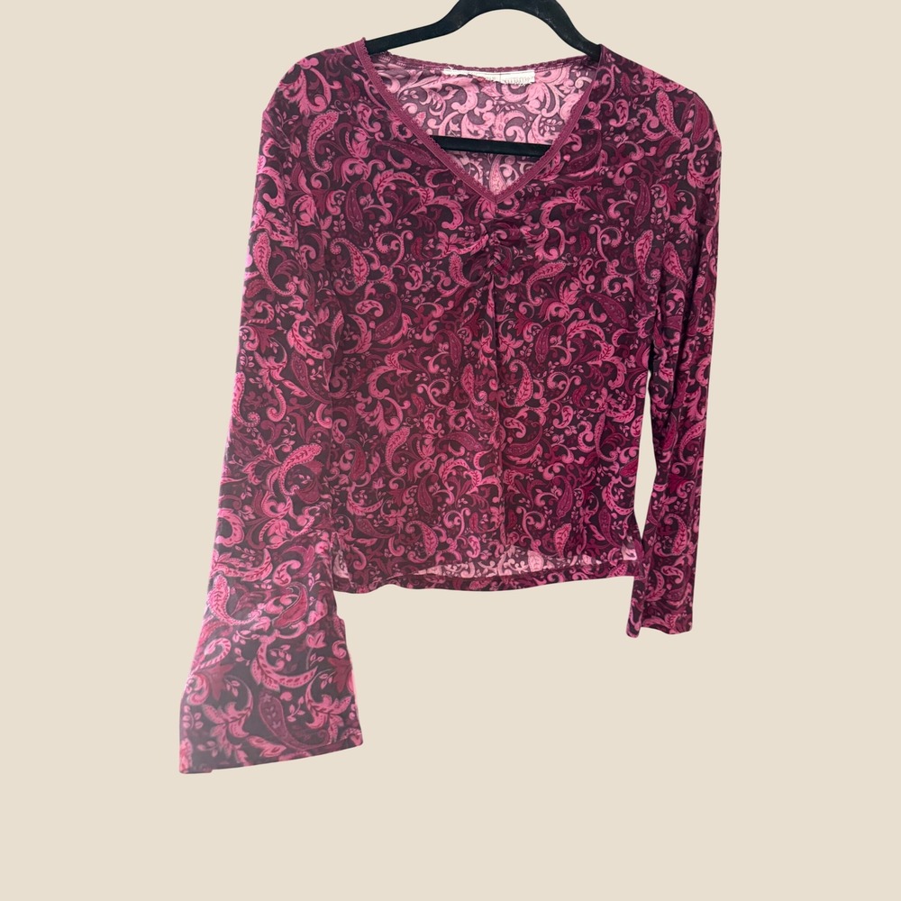 Vintage Y2K Pink Paisley V-Neck Whimsigoth Top Lace Trim Ruched Bust Slim Fit